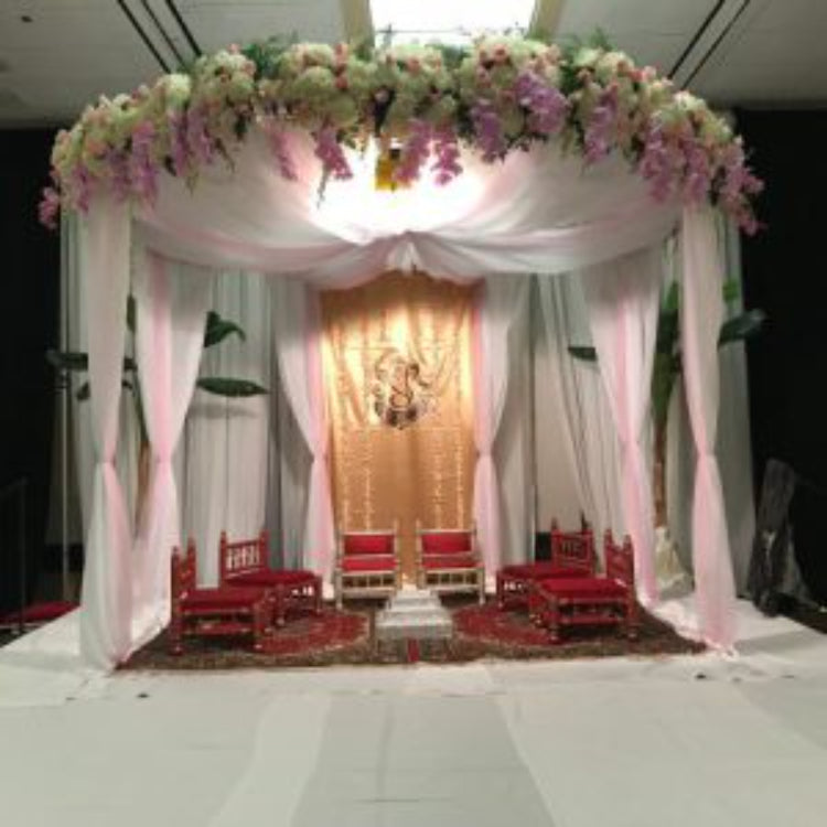 Octagon Mandap With Cloth Pillar and Flower Arrangement