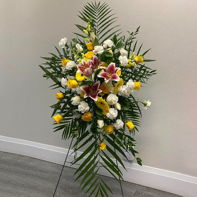 Palm Leaves, Ruscus, Roses, Carnations, Gerbera Daisy And Lilies