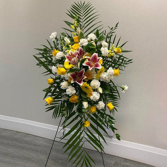 Palm Leaves, Ruscus, Roses, Carnations, Gerbera Daisy And Lilies